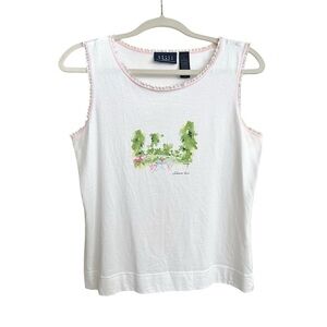 Lands' End White Sleeveless Tank with Pink Trim and Garden Print